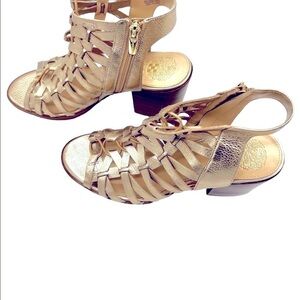 Vince Camuto Vivian Gold Leather Heeled Gladiator Sandals Size 8.5